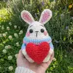 Bunny amigurumi free Valentine crochet pattern held in hand showing size of finished white bunny with red heart